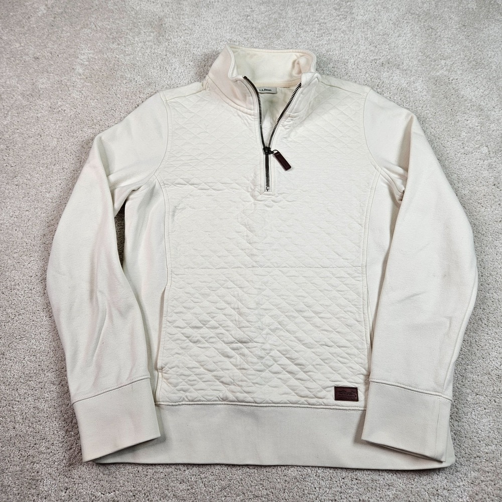 LL Bean Quilted Quarter Zip Pullover Womens M/L Cream Cotton Sweatshirt Katahdin